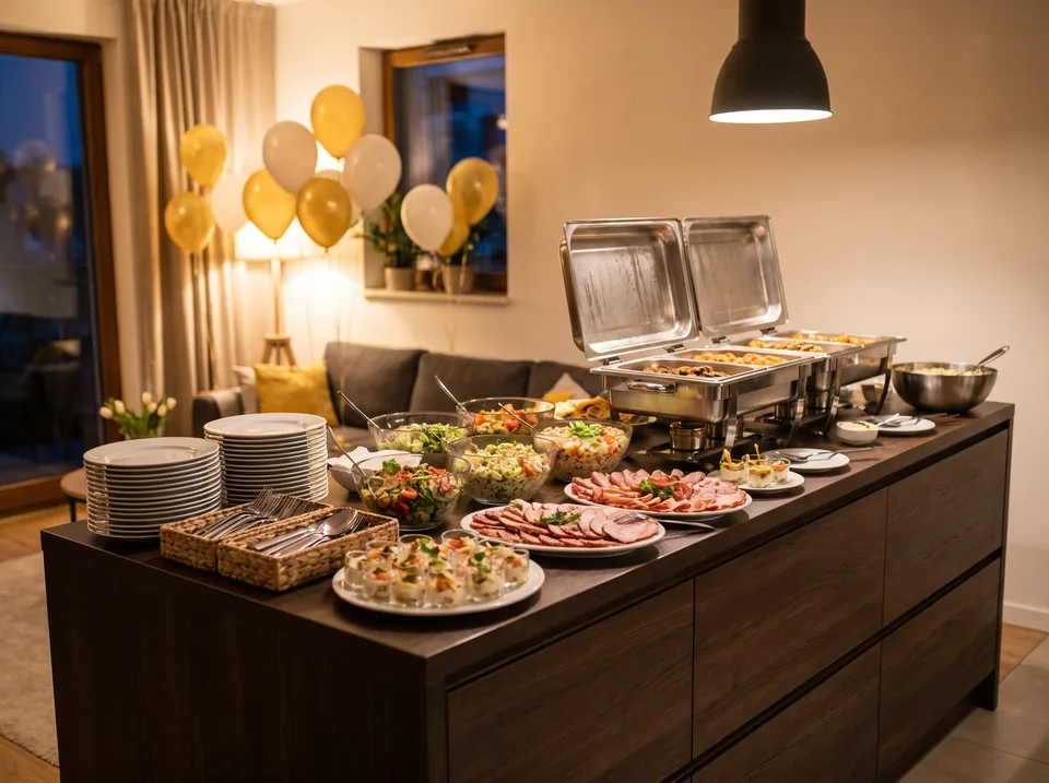 Catering na wieczór panieński w domu, bufet z przekąskami i ciepłymi daniami w salonie z balonami