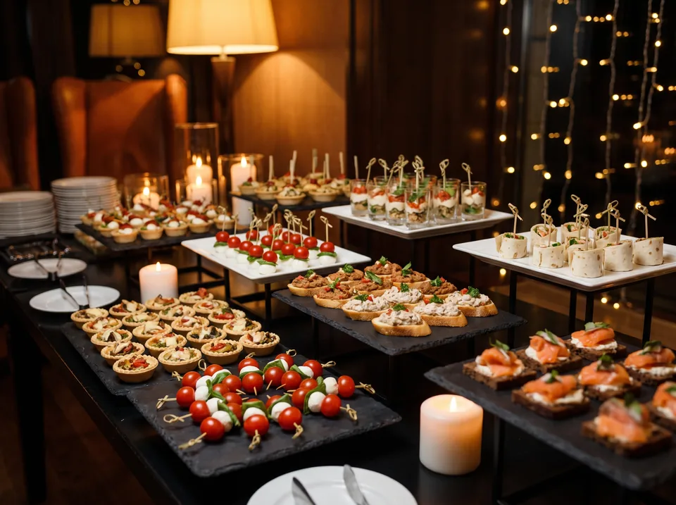 Finger food na imprezę, tartinki, koreczki, mini tarty i przekąski w szklankach na tacach