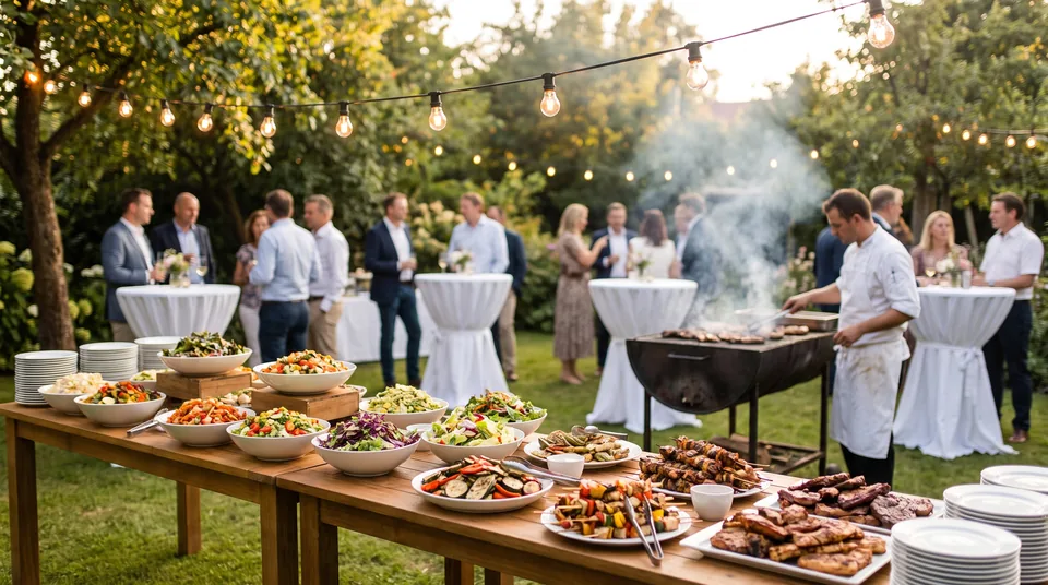 Bufet cateringowy na imprezie firmowej w ogrodzie z grillem i stołami koktajlowymi